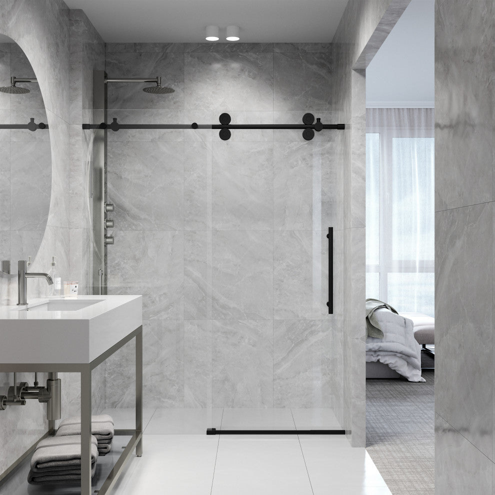 VIGO Elan 56" to 60" W x 74" H Frameless Sliding Shower Door, Matte Black, Laminated Glass