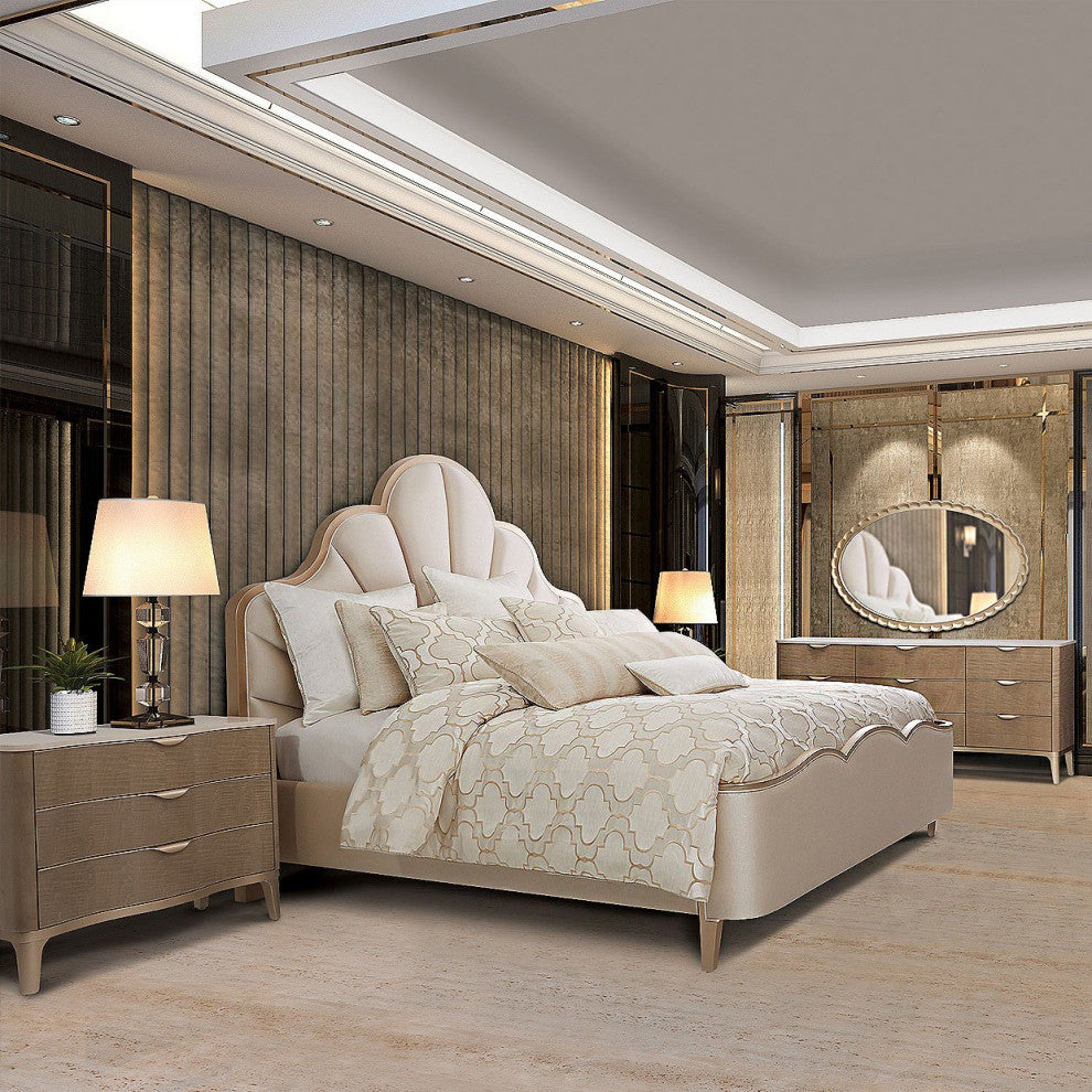 Aico Amini Malibu Crest Cal King Scalloped Panel Bed in Chardonnay