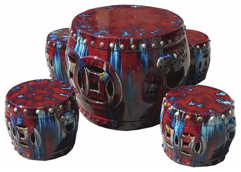 Out Door & In Door Chinese Red Clay Round Garden Tea Set - 5 Pieces Hwk2268
