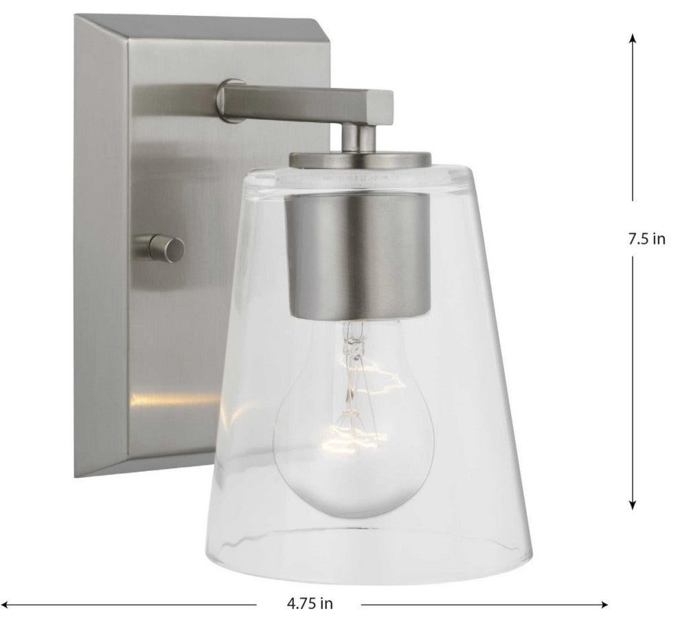 Vertex Collection One-Light Brushed Nickel Clear Glass Contemporary Bath Light