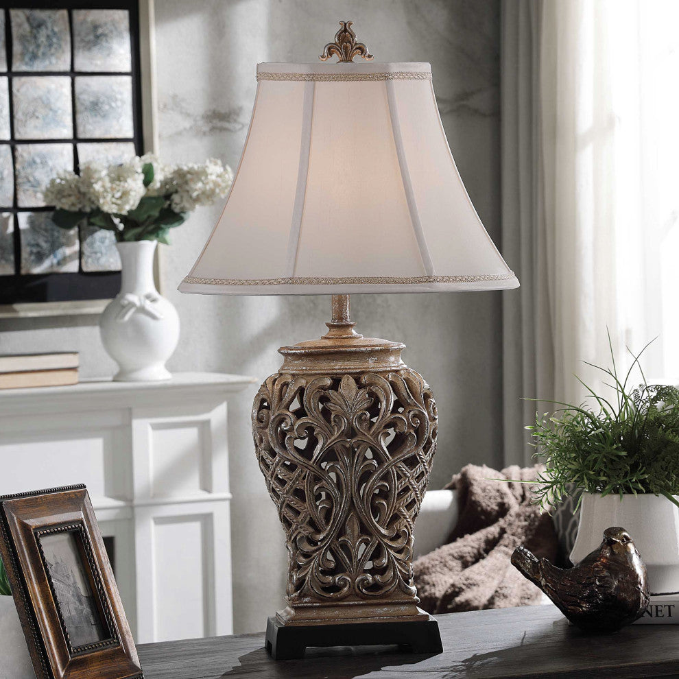 Traditional Table Lamp Open Lace Scroll, Savoy Silver Textile Shade
