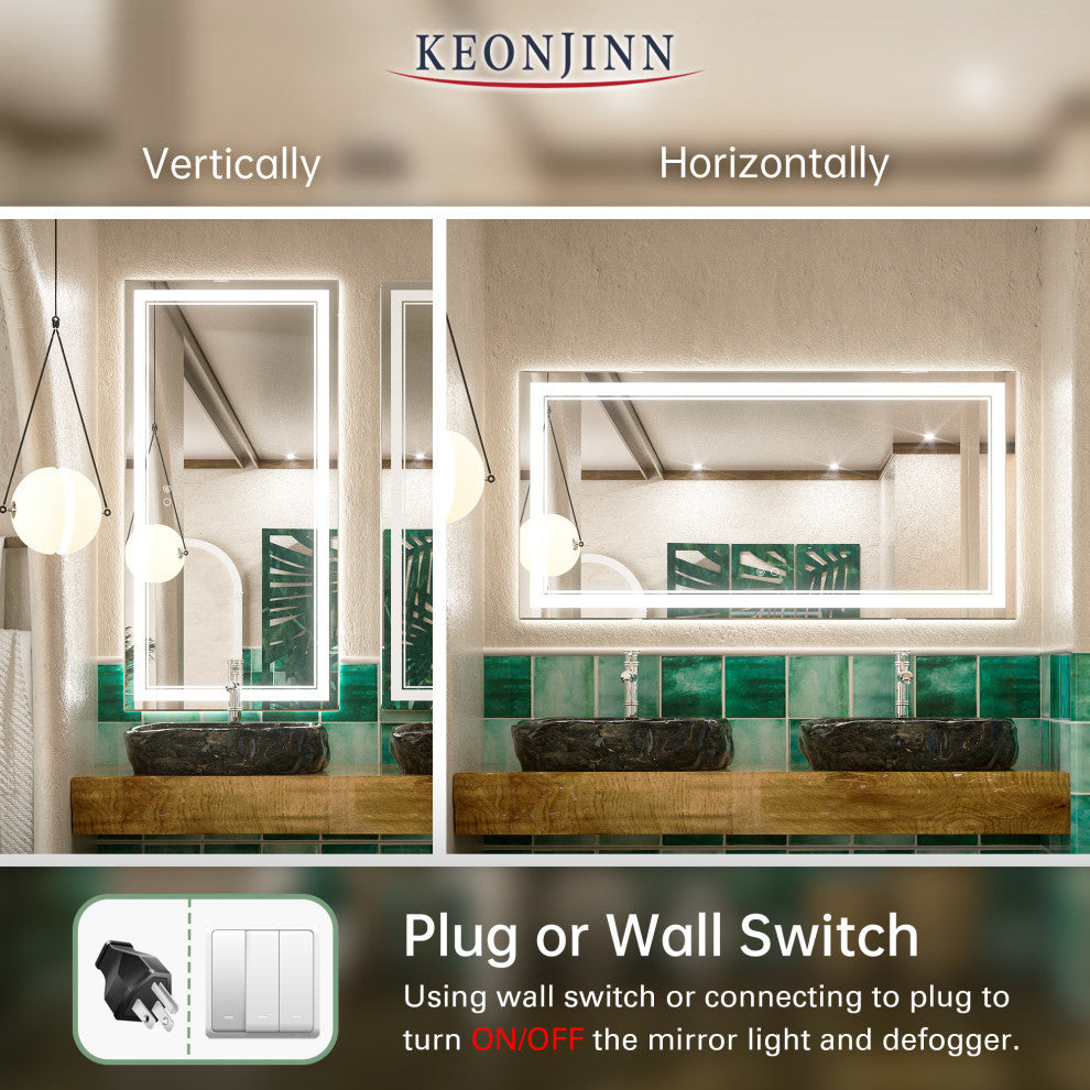 LED Bathroom Mirror, Anti-Fog Memory Dimmable IP54 Waterproof, 48"x24"
