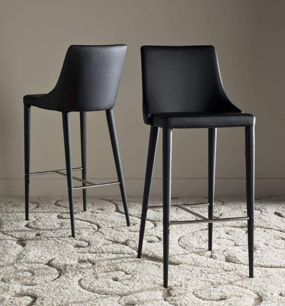 Modern Bar Stool, Black PU Leather Upholstery & Elegant H-Shaped Chrome Footrest