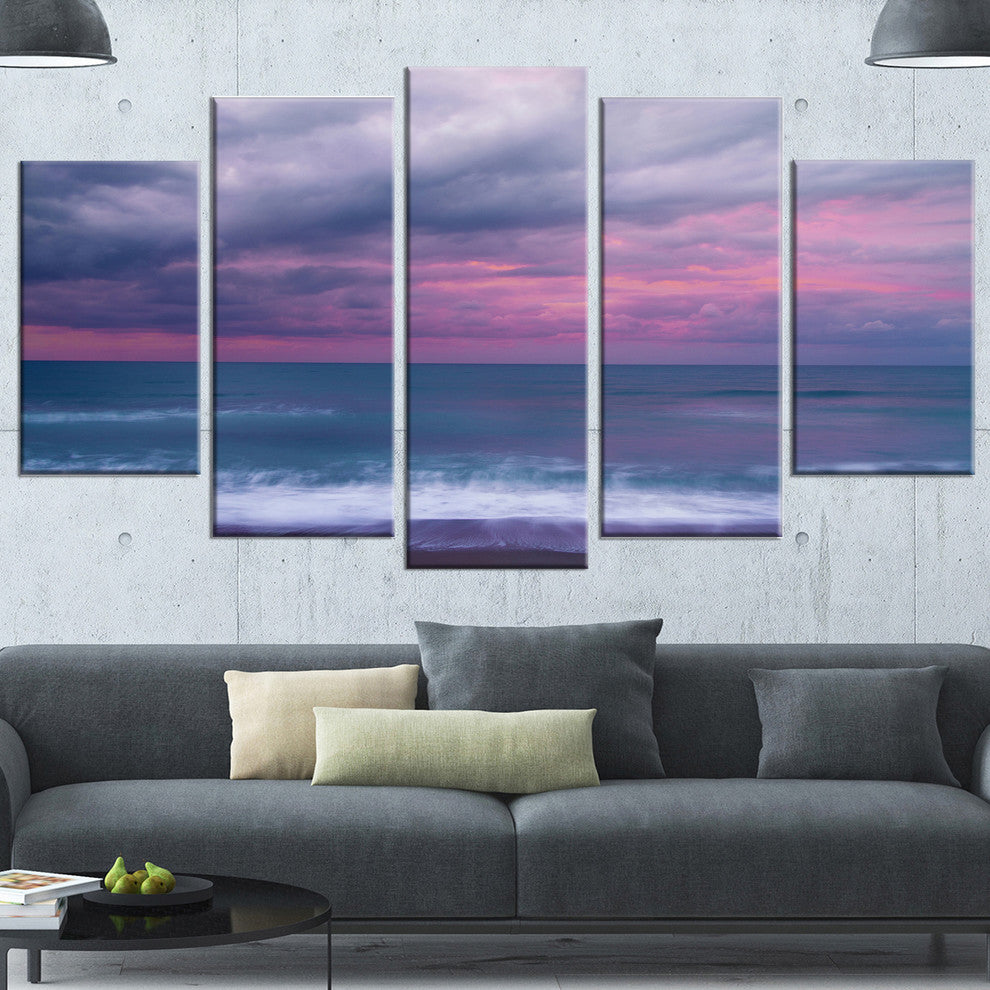 Blue and Pink Unset over Sea, Large Seashore Canvas Art Print, 60"x32", 5 Panels
