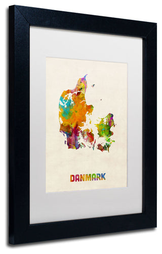 'Denmark Watercolor Map' Matted Framed Canvas Art by Michael Tompsett