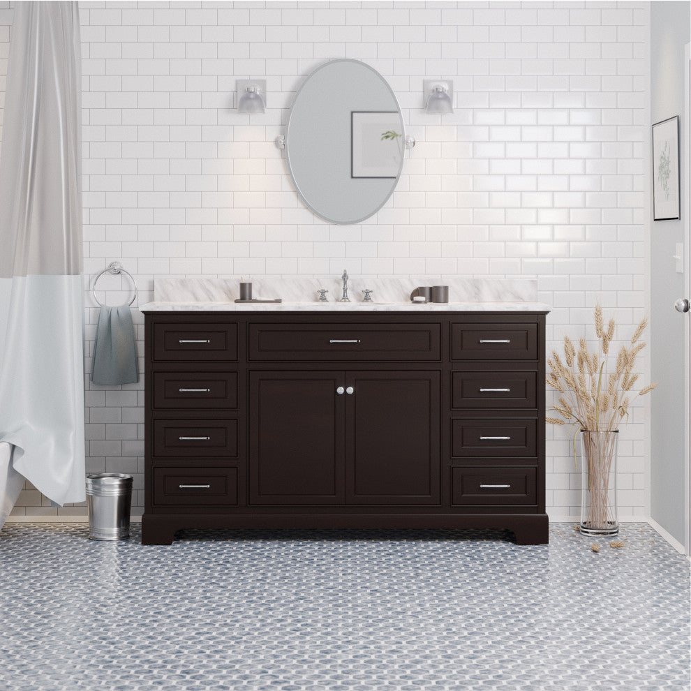 Aria 60" Bathroom Vanity, Chocolate, Carrara Marble, Single Vanity