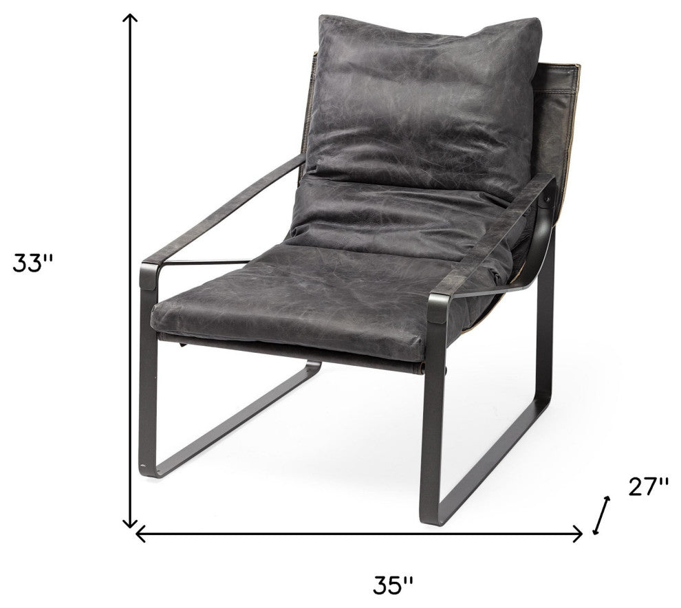 35" Black Leather Distressed Arm Chair