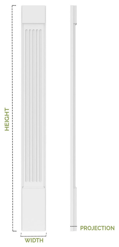 7"W x 96"H x 2 1/4"D with 16" Attached Plinth, Fluted Pilaster (each)