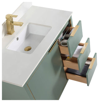 Opulence Bath Vanity, Mint Green, 36", Satin Brass Hardware, White Top