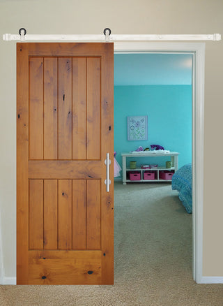 Prefinished Interior Knotty Alder 2 Panel V-Groove Barn Door, Stainless