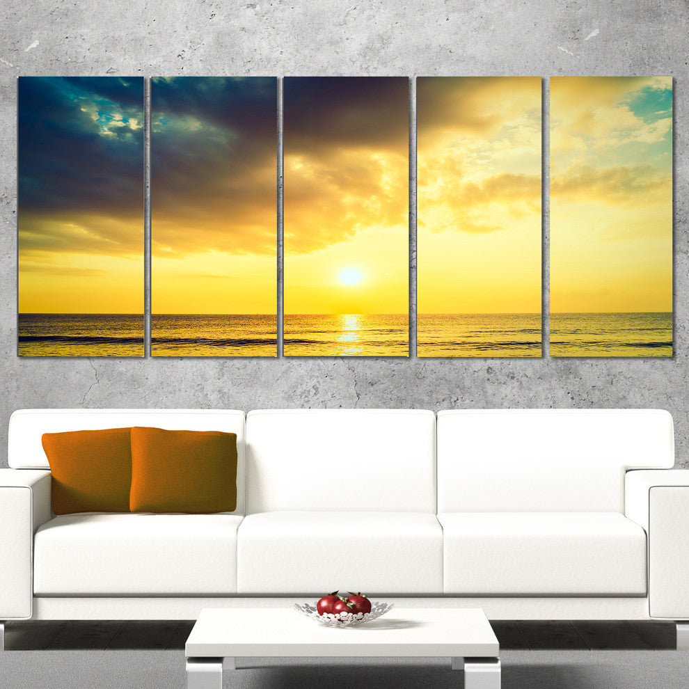 "Yellowish Sky Over Serene Seashore" Seashore Canvas Wall Art, 5 Panels, 60"x28"
