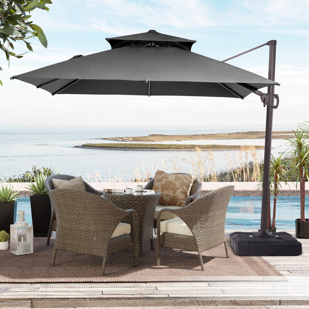10 FT Double Top Square Offset Umbrella Outdoor Hanging Cantilever Umbrella, Dark Gary