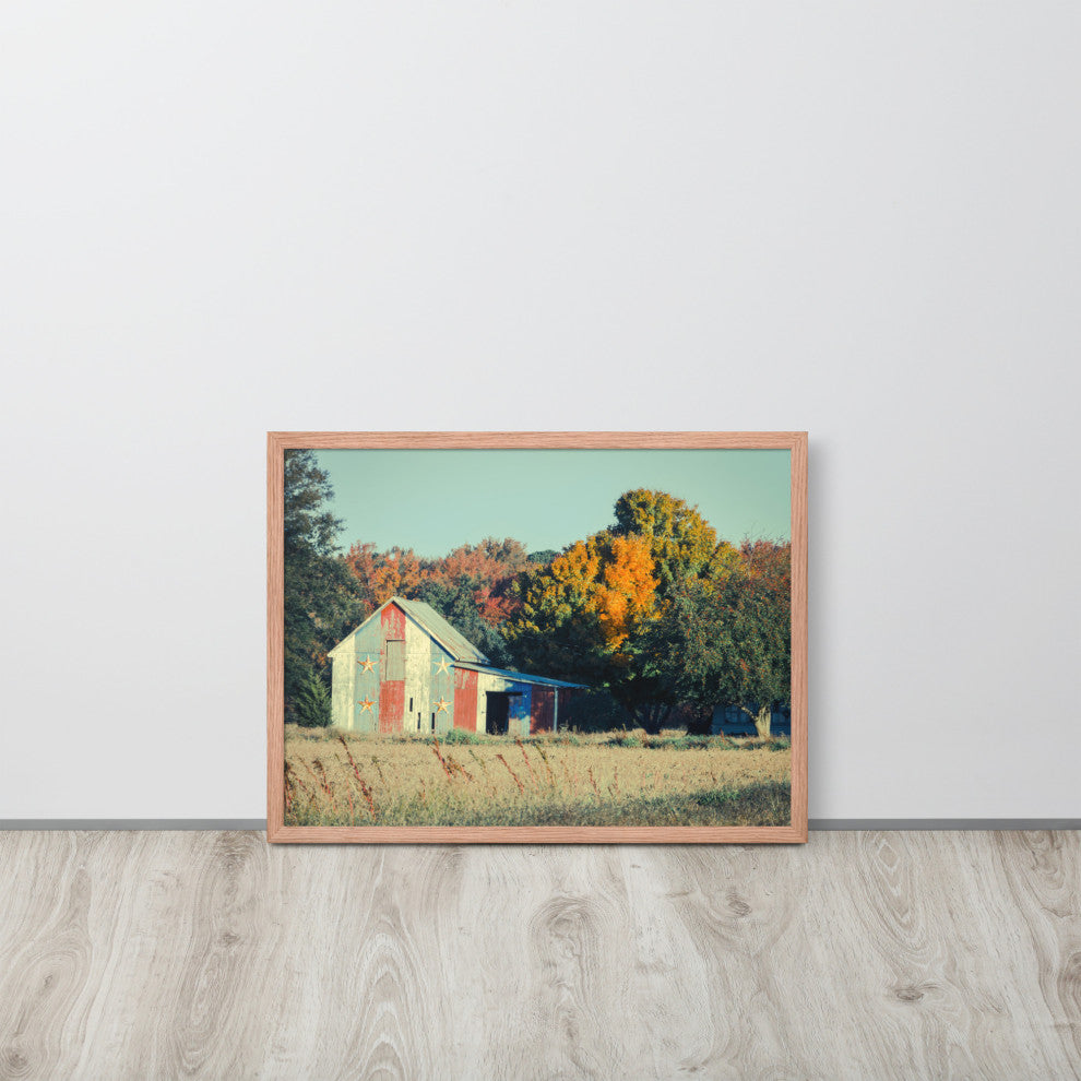 Patriotic Weathered Barn in Field Cross Processed Framed Photo Wall Art Prints, Red Oak, 18" X 24"