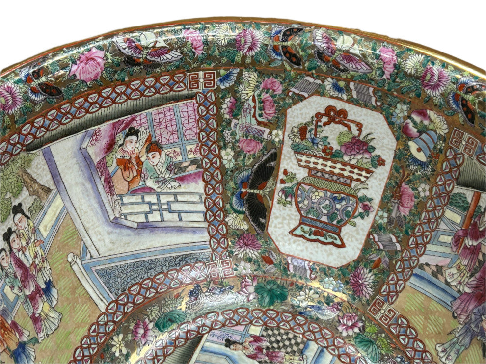 Vintage Chinese Famille Rose People House Graphic Porcelain Bowl Pot Hws4349