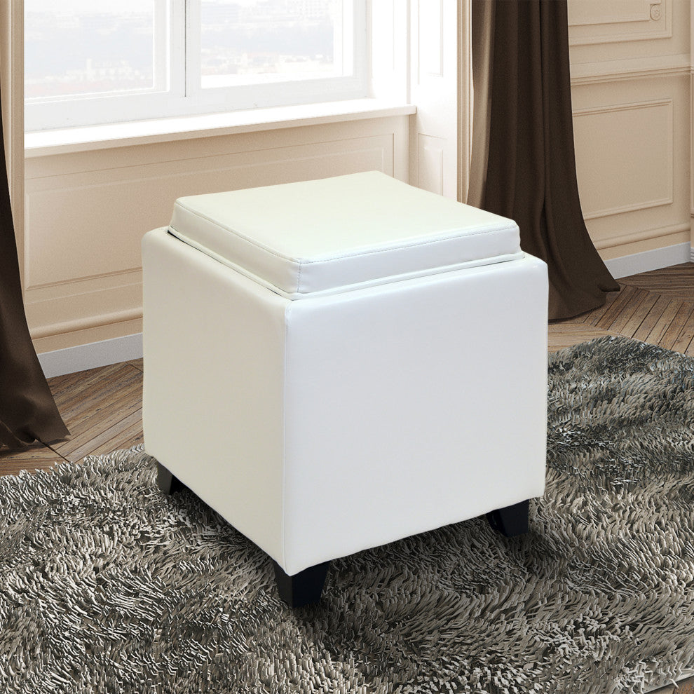 Contemporary Storage Ottoman With Tray, White