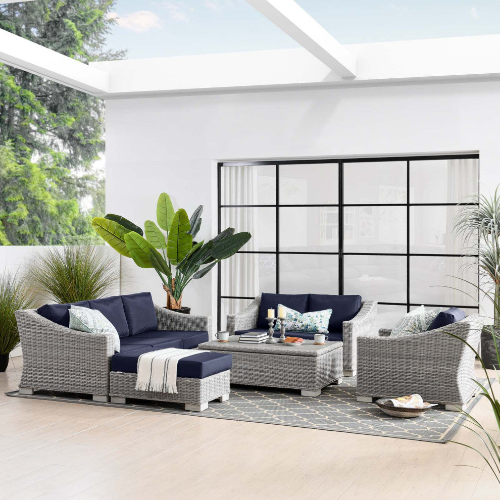 Lounge Sectional Sofa Chair Set, Rattan, Wicker, Gray Blue Navy, Outdoor