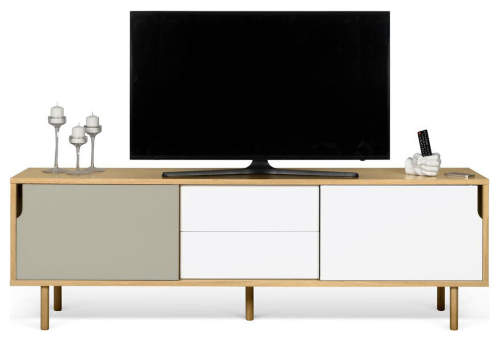 Modern Long Wood 2 Tone Sideboard , White/Grey Door, Oak Leg