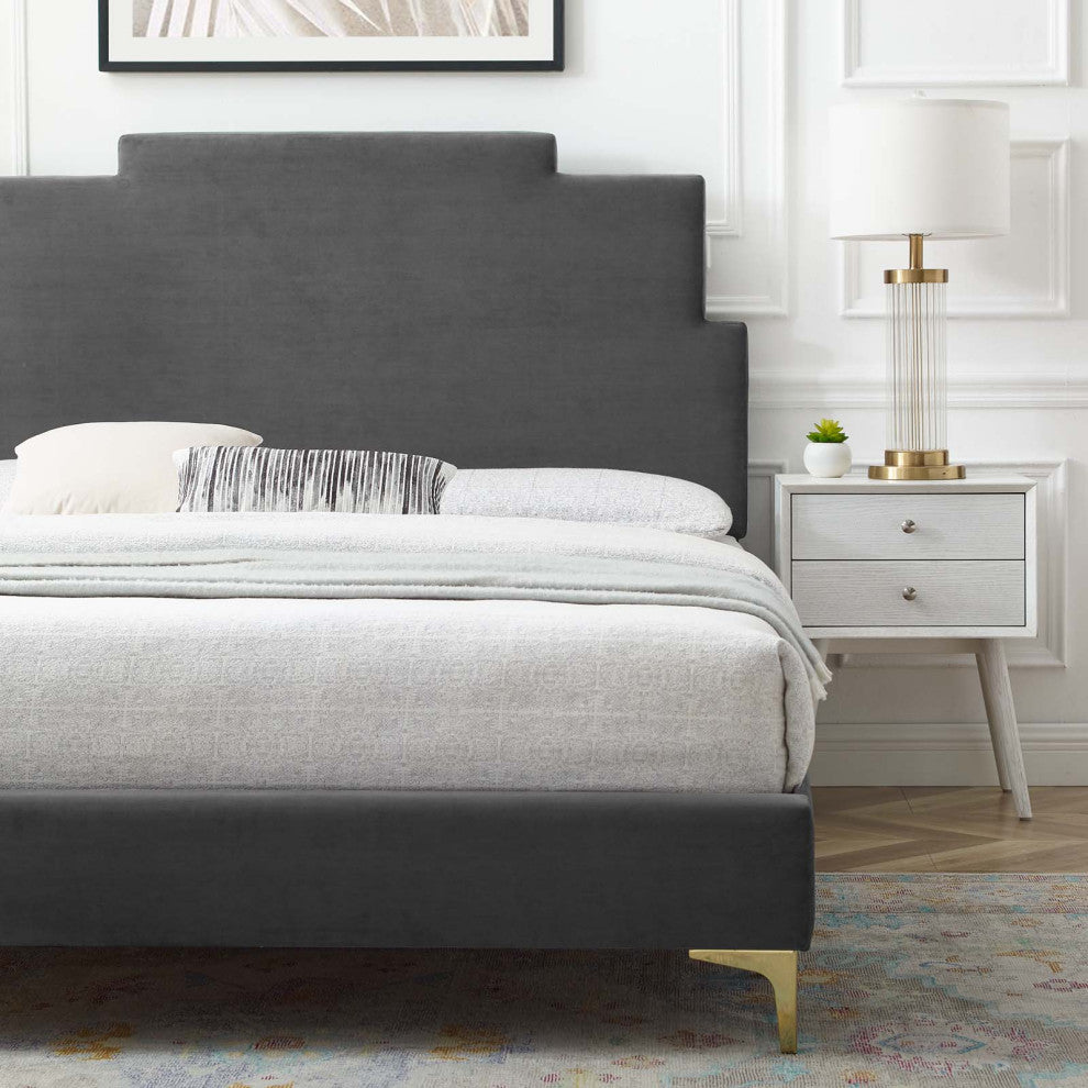 Platform Bed Frame, Full Size, Velvet, Dark Gray, Modern Contemporary