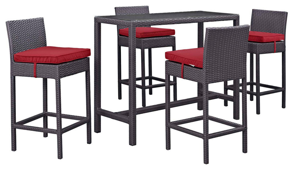 Modway Convene 5 Piece Outdoor Patio Pub Set, Espresso Red