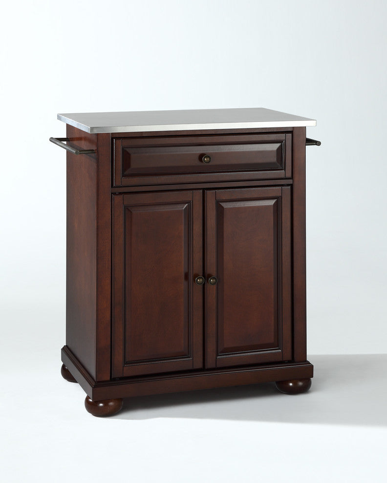 Alexandria Stainless Steel Top Portable Kitchen Island, Vintage Mahogany