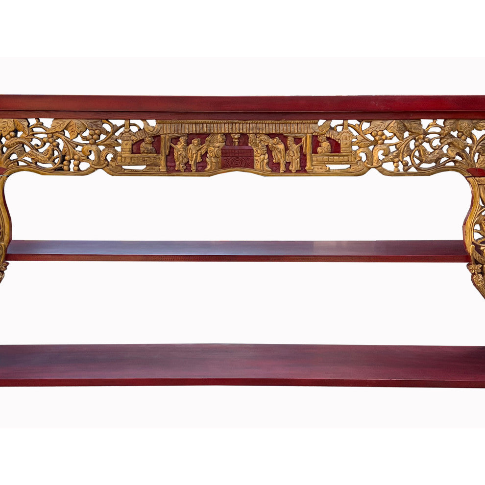 Chinese Red Golden Carving Rectangular Curio Display Stand Side Table Hcs7654