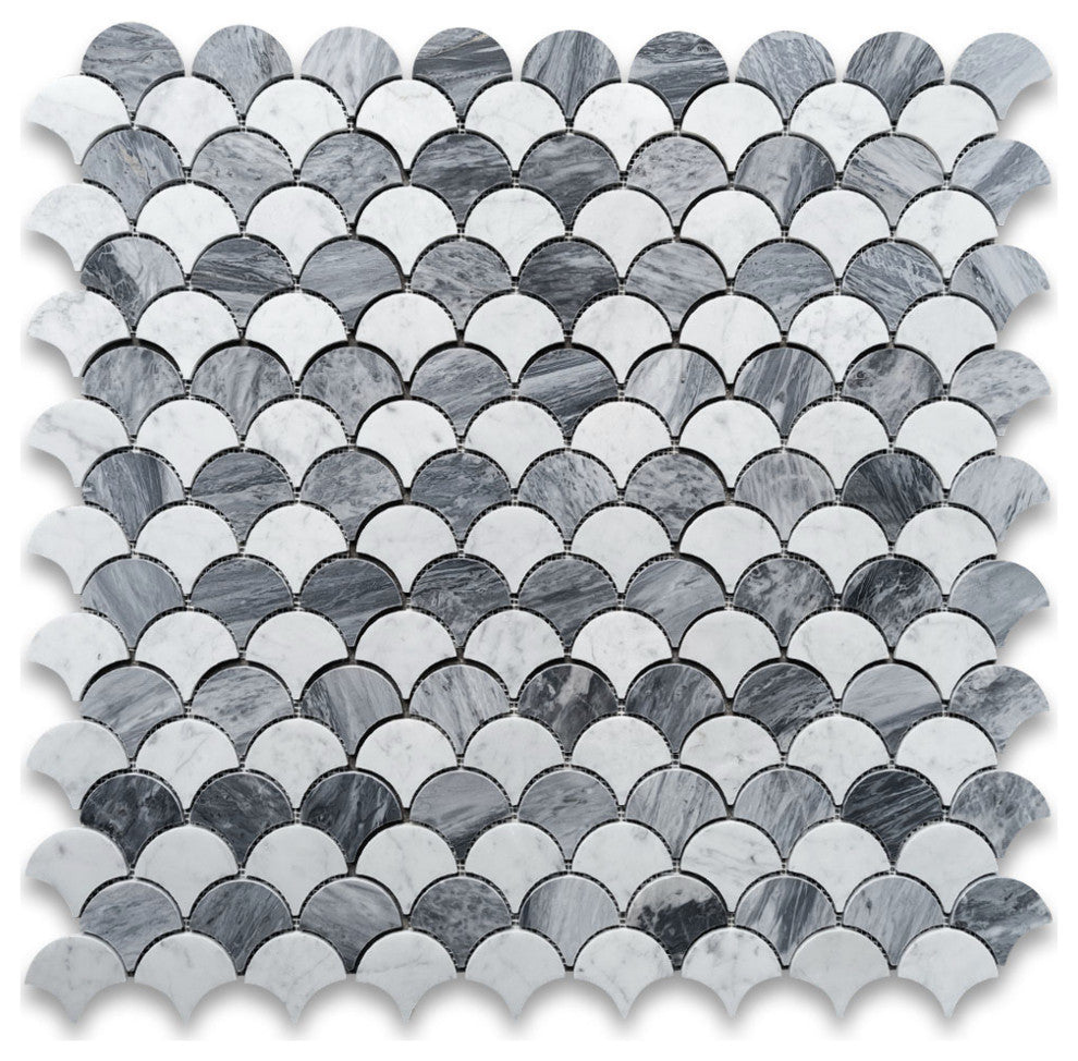 Carrara White Bardiglio Gray Marble Fish Scale Fan Shape Mosaic Tile, 1 sheet