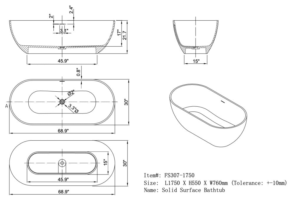 Solid Surface Freestanding Soaking Bathtub, Drain, 69"
