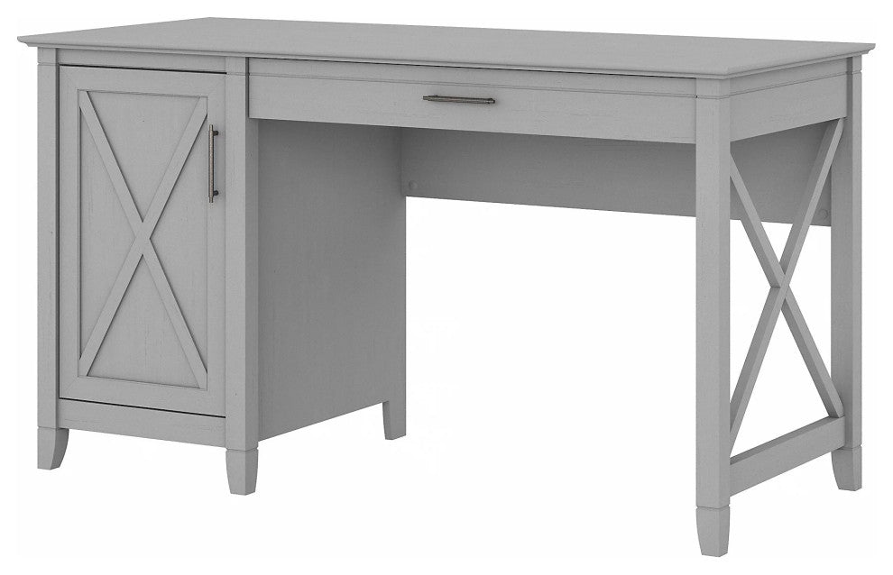 Farmhouse Desk, Wooden Frame With X-Accents & Spacious Cabinet, Cape Cod Gray