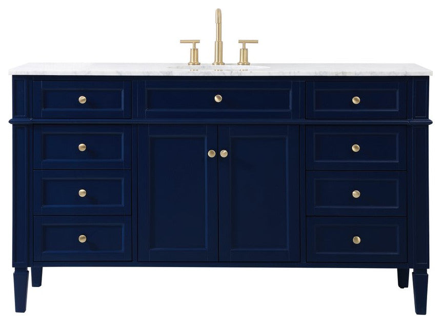 Home Living Vanity with Carrara White Marble Countertop, Blue, 60", Single Sink
