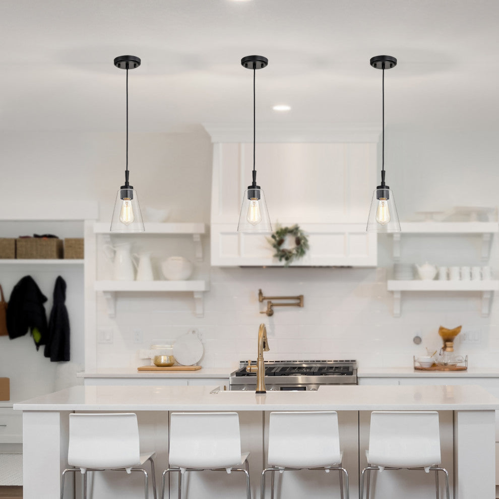 Briarwood 1-Light Matte Black Modern Pendant With Clear Cone Glass Shade