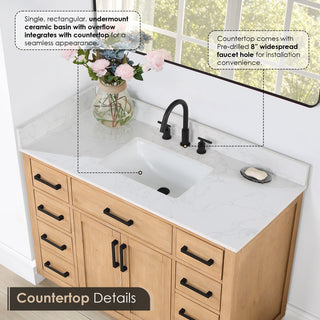 Gavino Vanity With Grain White Composite Stone Top, Light Brown/Matte Black, 48", With Mirror