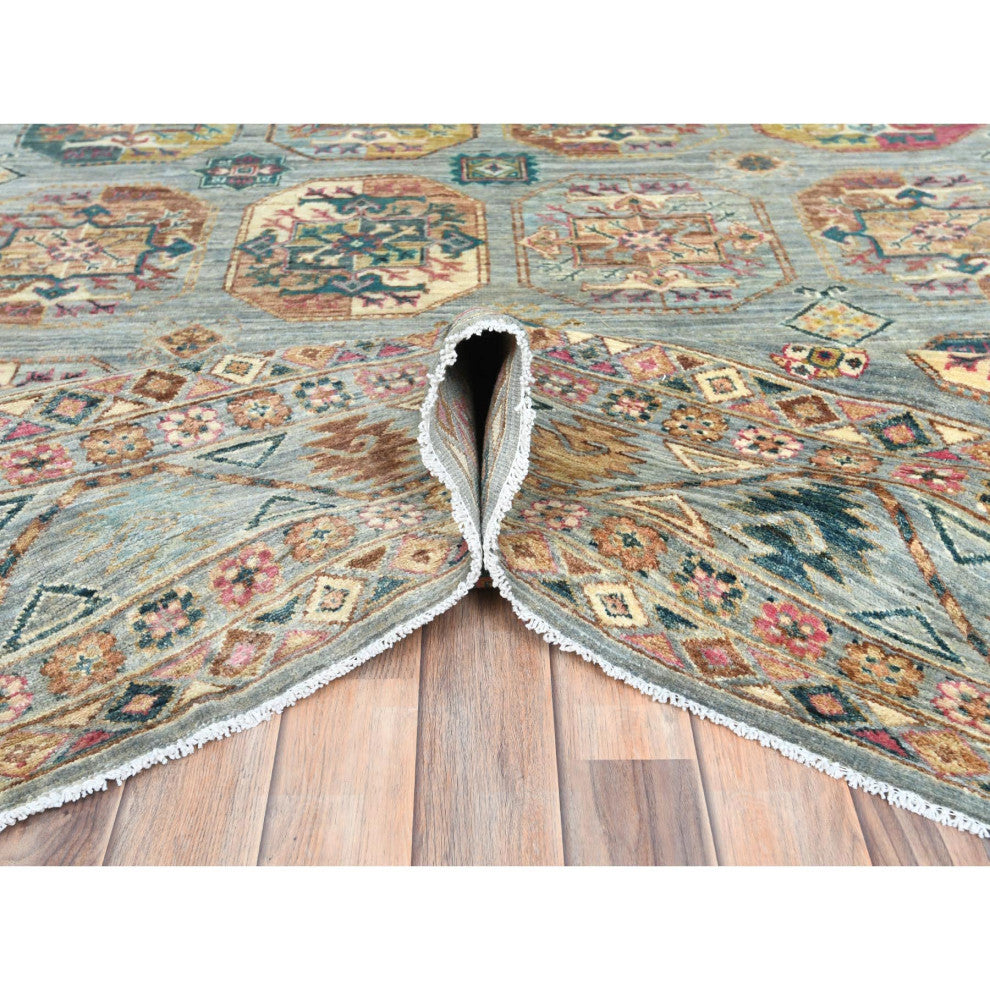Silver Blue, Afghan Super Kazak Pure Wool Hand Knotted Rug, 9'9"x14'1"