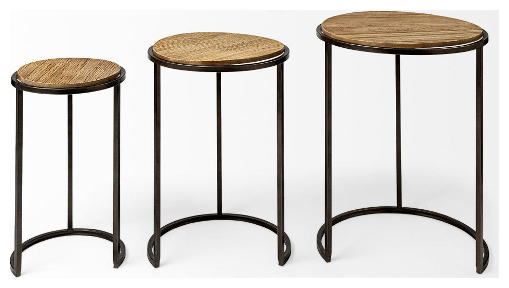 27" Black And Brown Solid Wood Round End Tables, 3-Piece Set