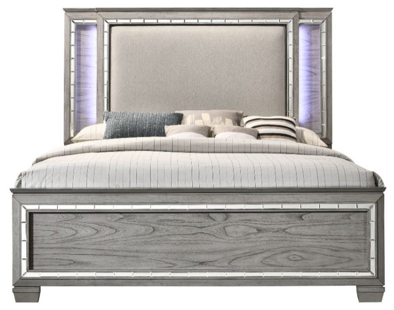 Everleigh Lighted Headboard Standard Bed, Light Gray, Queen