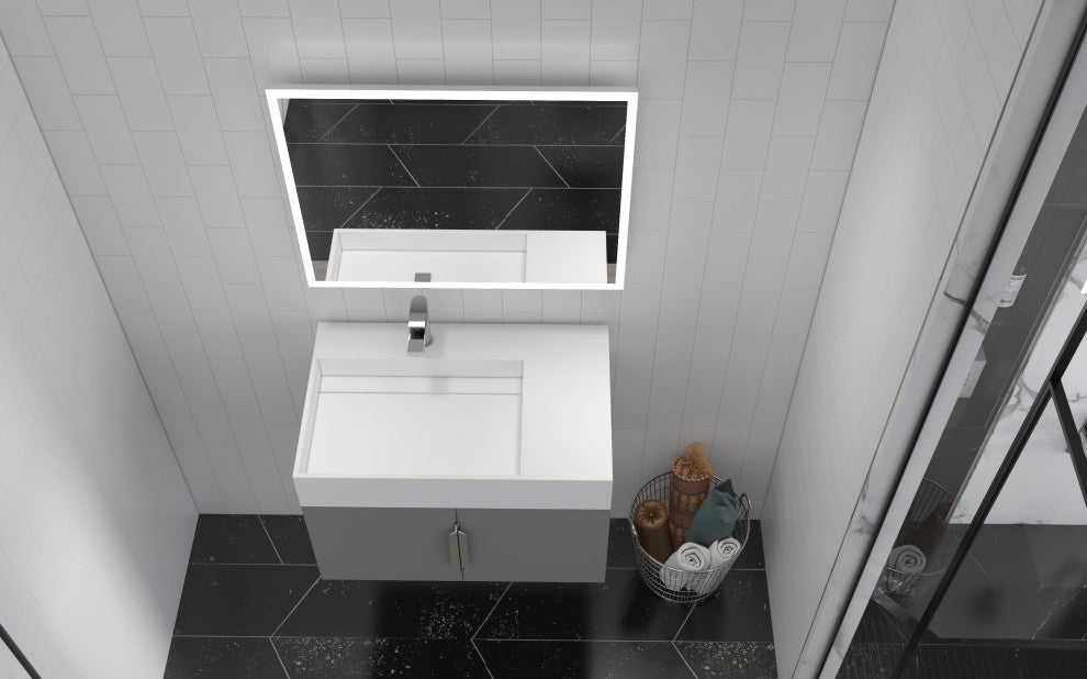 CastelloUSA Amazon 30" Left Wall Mounted Bathroom Vanity Set, Gray, White Top, Brushed Nickel