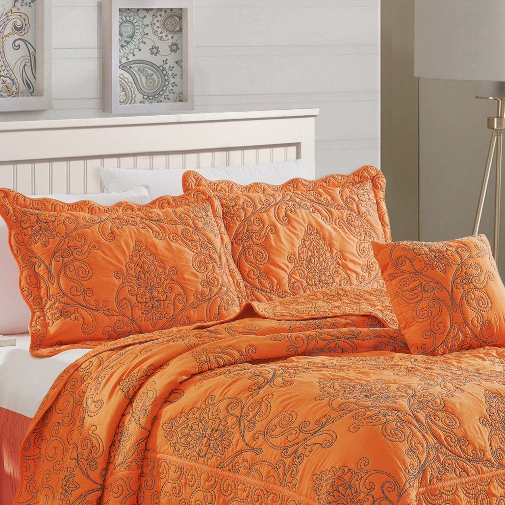 Damask Embroidered Quilted 4 Piece Bed Spread Sets, Nectarine, King