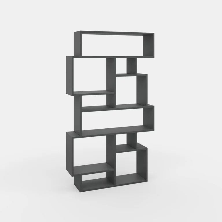 Modern Bookcase, Geometric Design With 10 Asymmetrical Open Shelves, Anthracite
