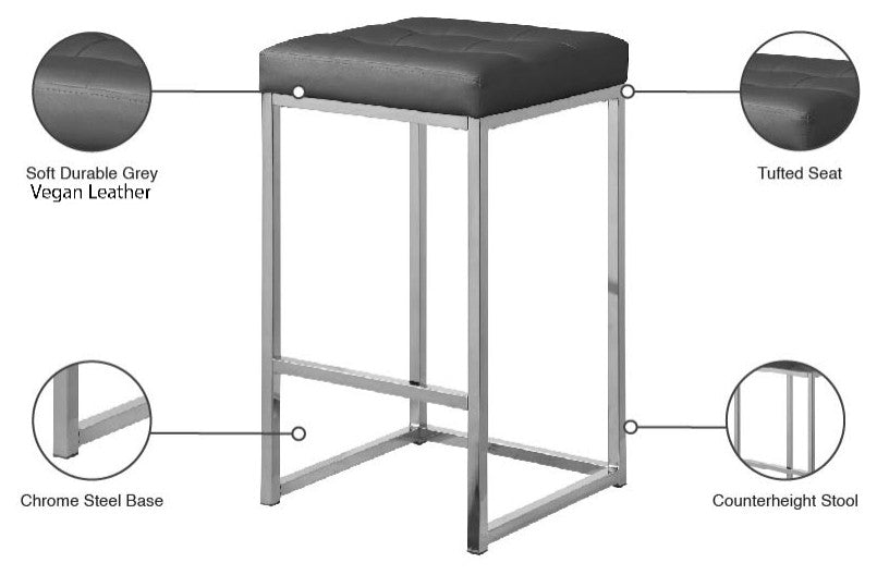 Nicola Counter Stool, Set of 2, Gray, Vegan Leather, Chrome Base