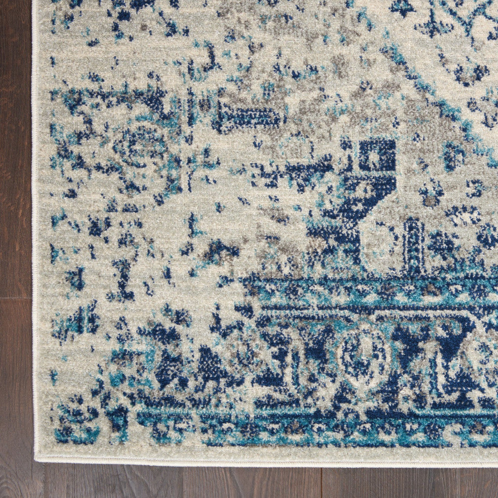 Vintage Area Rug, Classic Medallion Pattern, Ivory/Light Blue, 8'10" X 11'10"