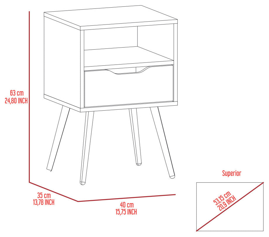Allie Nightstand with Superior Top, Open Shelf, and Drawer, White/ Light Oak