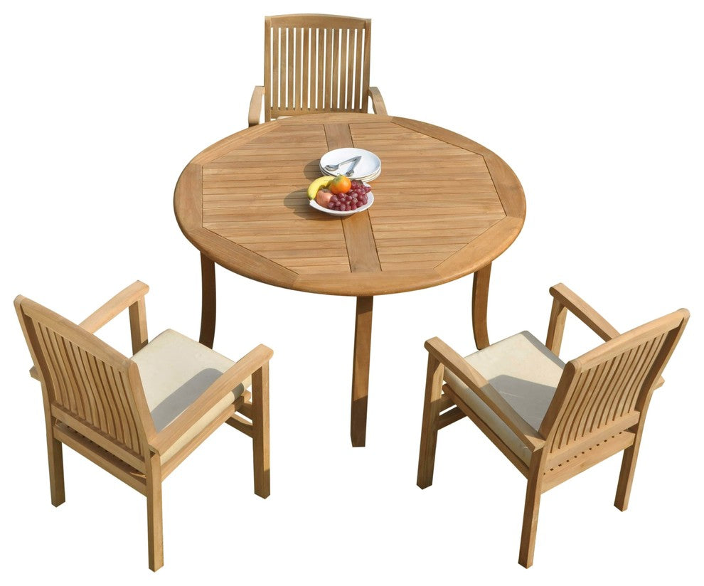 4-Piece Outdoor Teak Dining Set: 52" Round Table, 3 Wave Stacking Arm Chairs