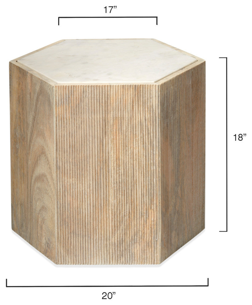 Large Argan Hexagon Table, Natural Wood and White Marble