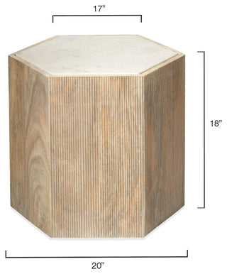 Large Argan Hexagon Table, Natural Wood and White Marble