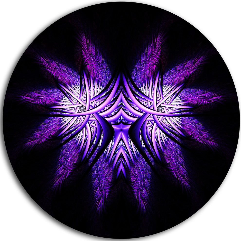 Bright Purple In Black Fractal Flower, Abstract Disc Metal Artwork, 23"