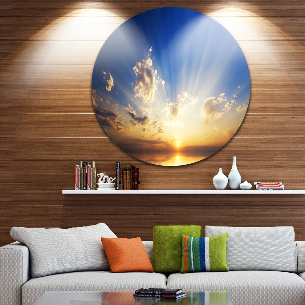 Sunset In The Ocean Blue Sky Panorama, Seascape Round Artwork, 23"