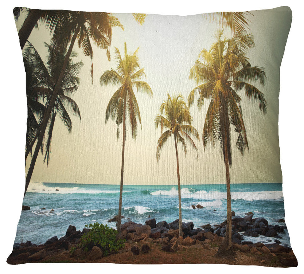 Rocky Tropical Beach With Palms Seashore Throw Pillow, 16"x16"