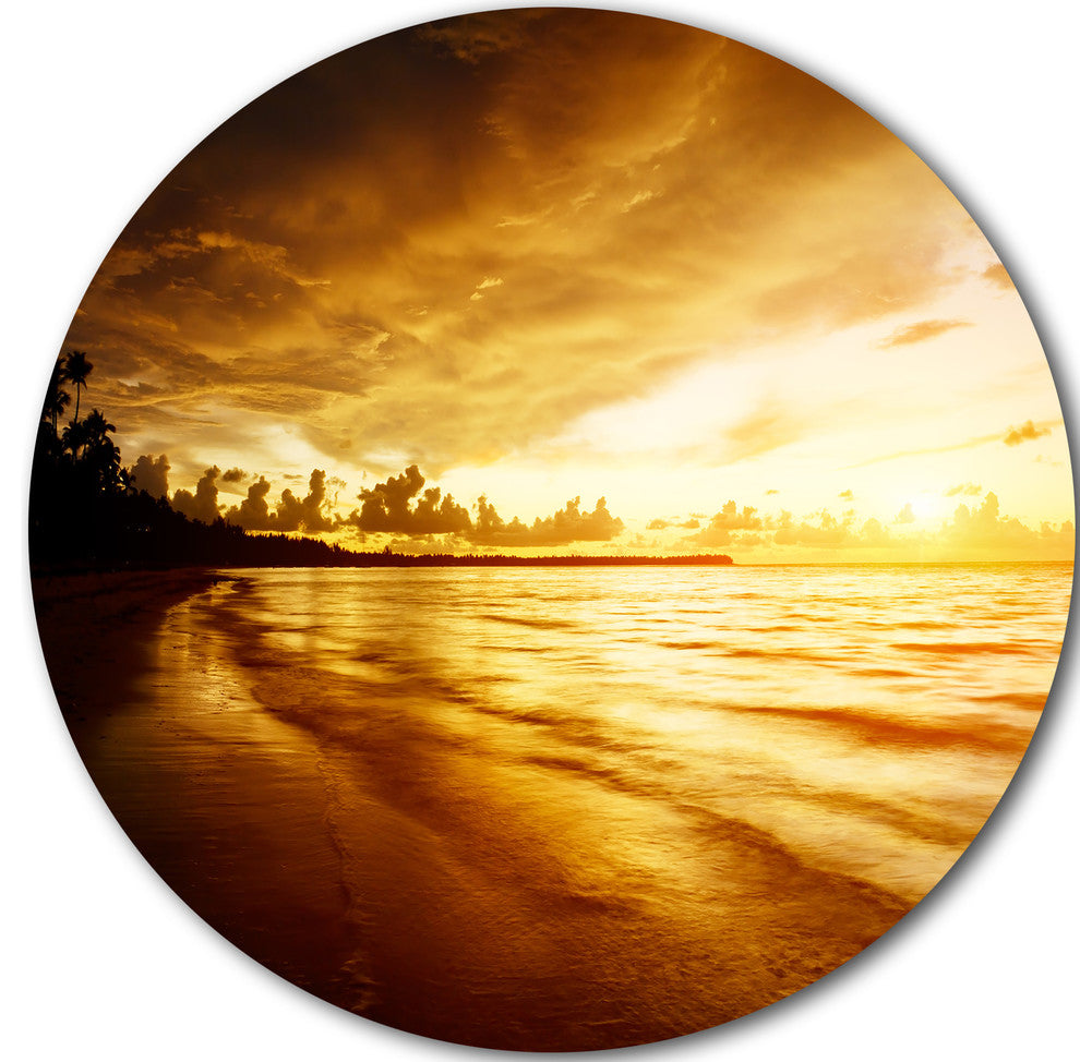 Fascinating Caribbean Beach In Yellow, Seashore Disc Metal Artwork, 36"