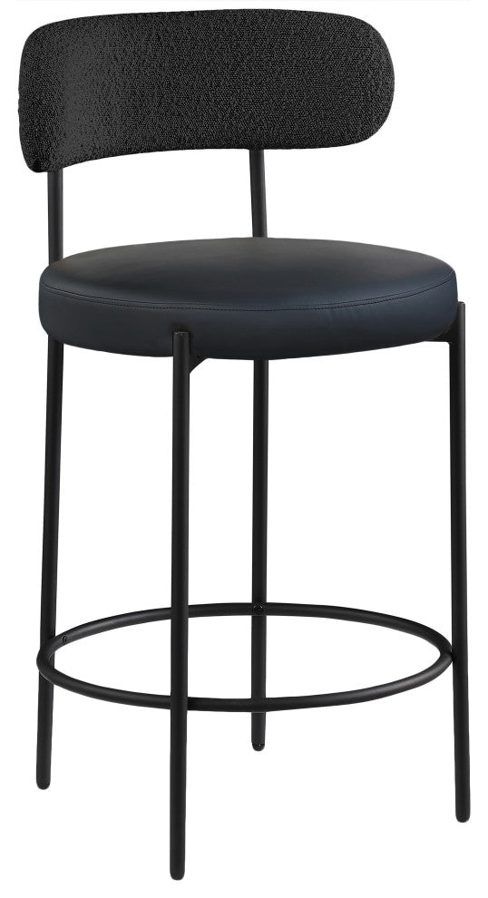 Beacon Upholstered Stool, Set of 2, Black, Matte Black Finish, Vegan Leather and Boucle Fabric
