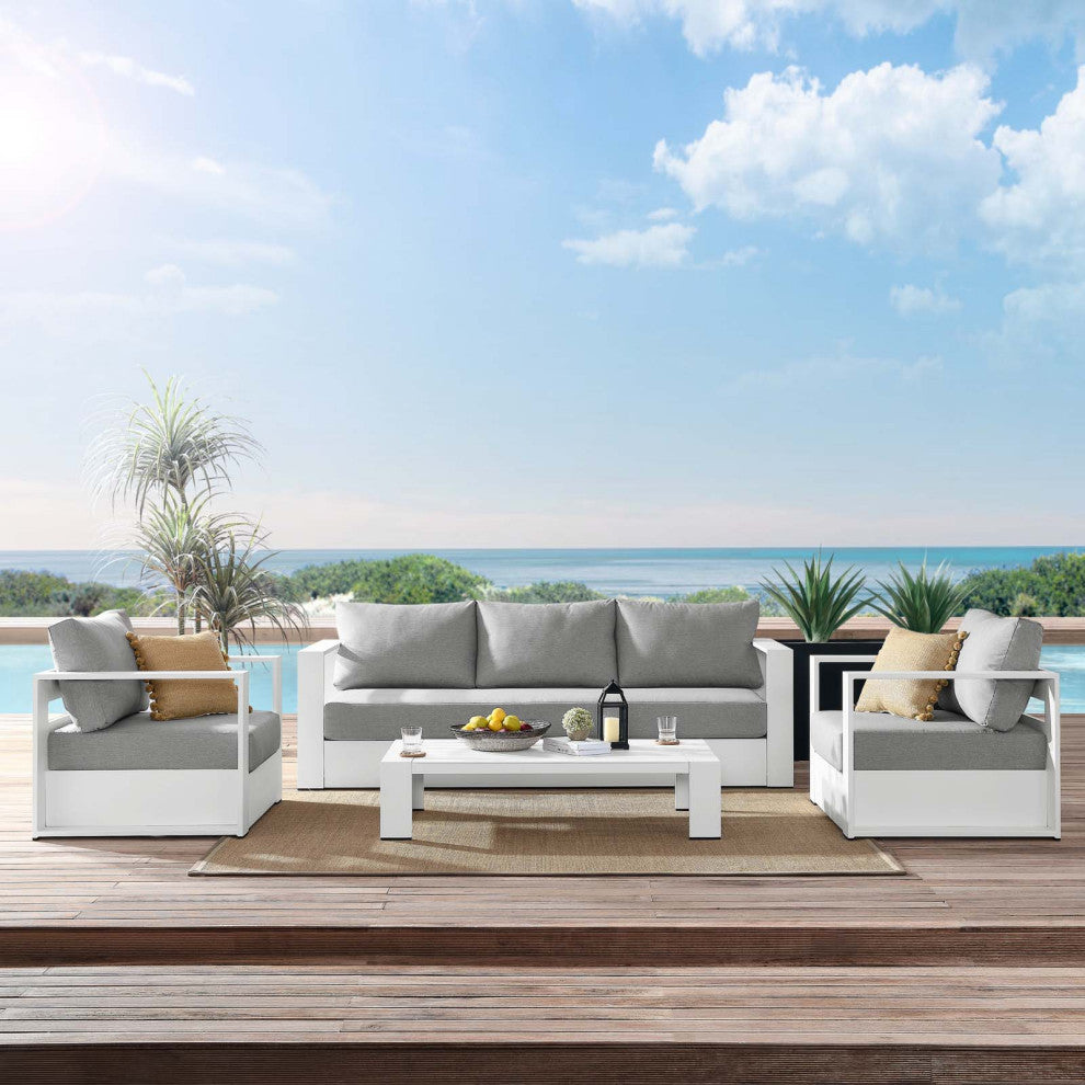 Sectional Sofa Table Set, White Gray, Aluminum, Modern, Outdoor Patio