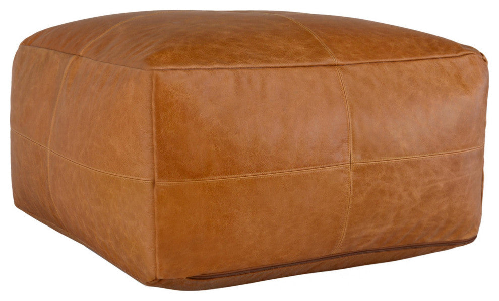 Cheyenne Genuine Leather 24" Square Brown Pouf by Kosas Home